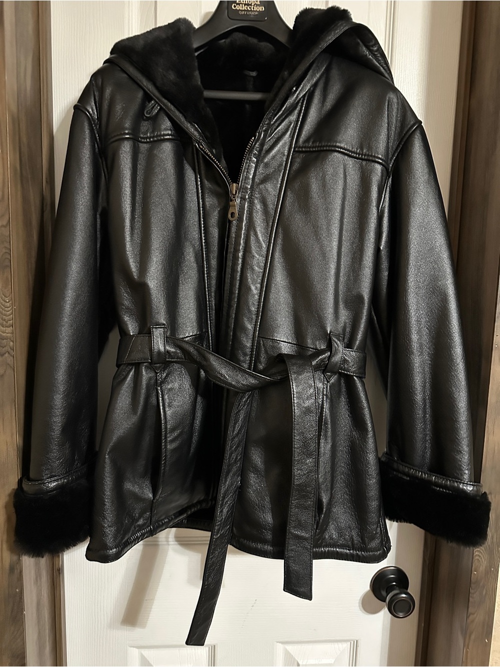 Wilsons Leather Black Hooded Faux-Leather Belted Jacket with Fur Trim